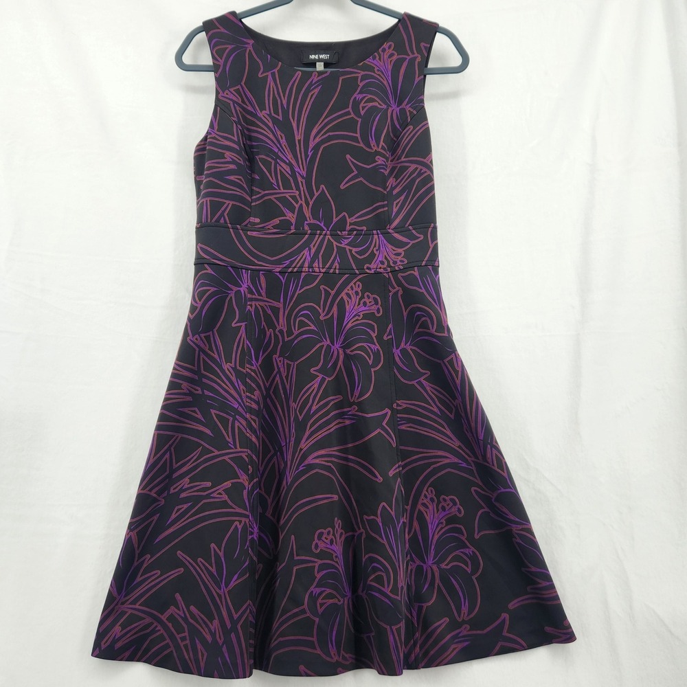 Nine West Womens 4 Black Purple Floral Fit Flare‎ Dress Sleeveless 10626622-4WI